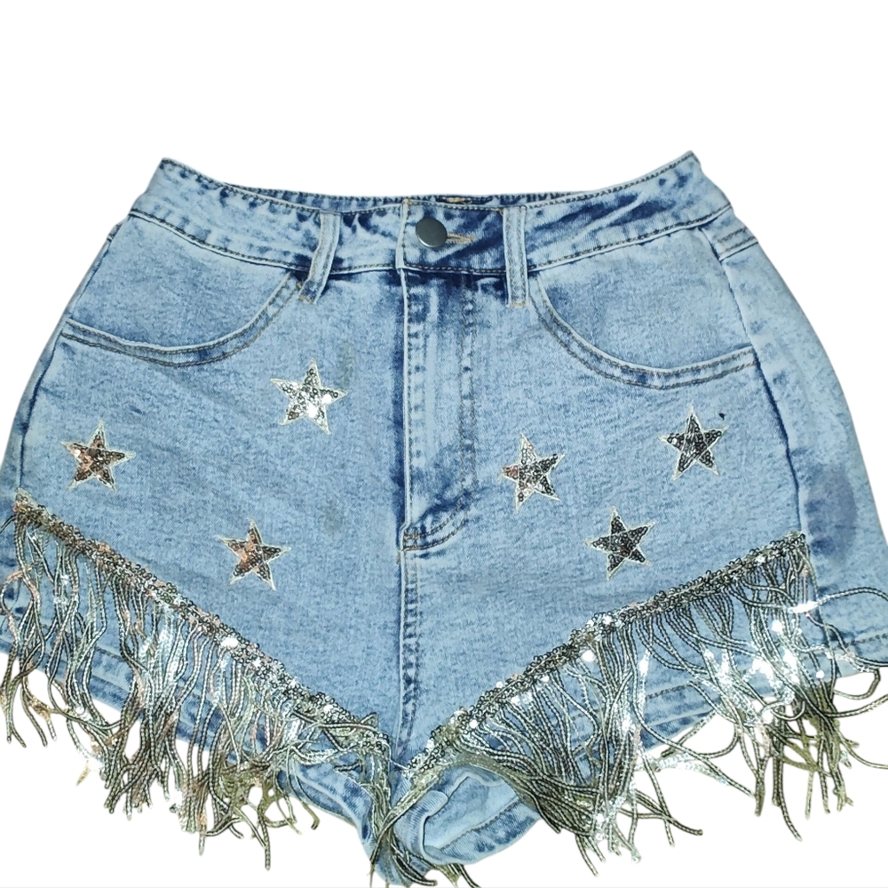 Denim Fringe Star Embellished Western Festival  Women Jean Shorts Size Small